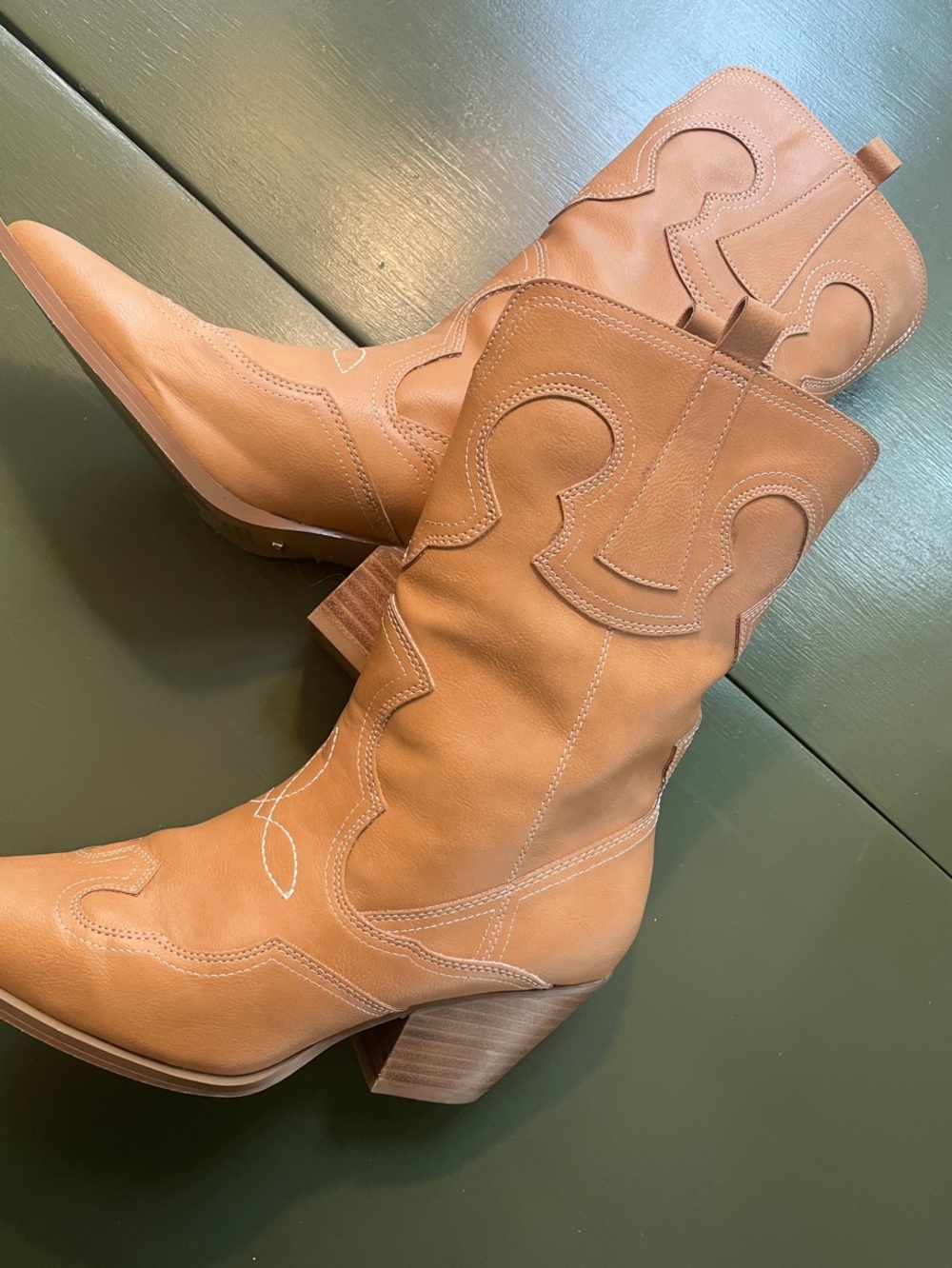 Tan Western-Inspired Mid-Calf Heeled Boots